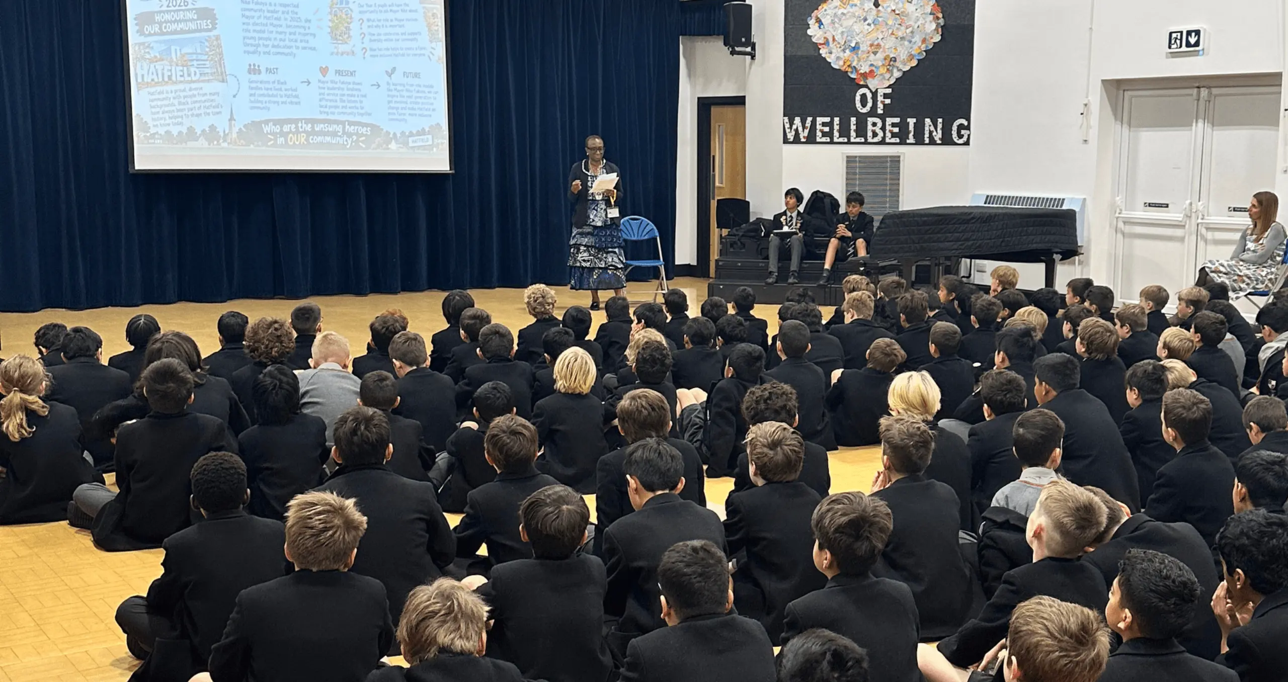Mayor of Welwyn Hatfield speaking in an assembly to pupils at a prep school in Hertfordshire